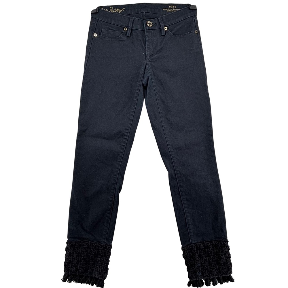 Lilly Pulitzer South Ocean Skinny Crop Jeans Black Macrame Tassel Hem Size 0